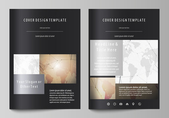 The black colored vector illustration of editable layout of A4 format covers design templates for brochure, magazine, flyer, booklet. Global network connections, technology background with world map.