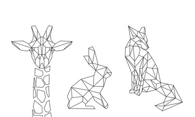 linear illustration - animals. giraffe, hare and fox