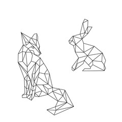 linear illustration - animals. hare and fox