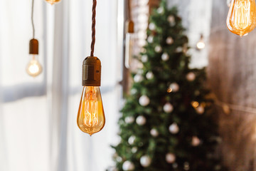 Christmas tree and modern edison light bulbs handing