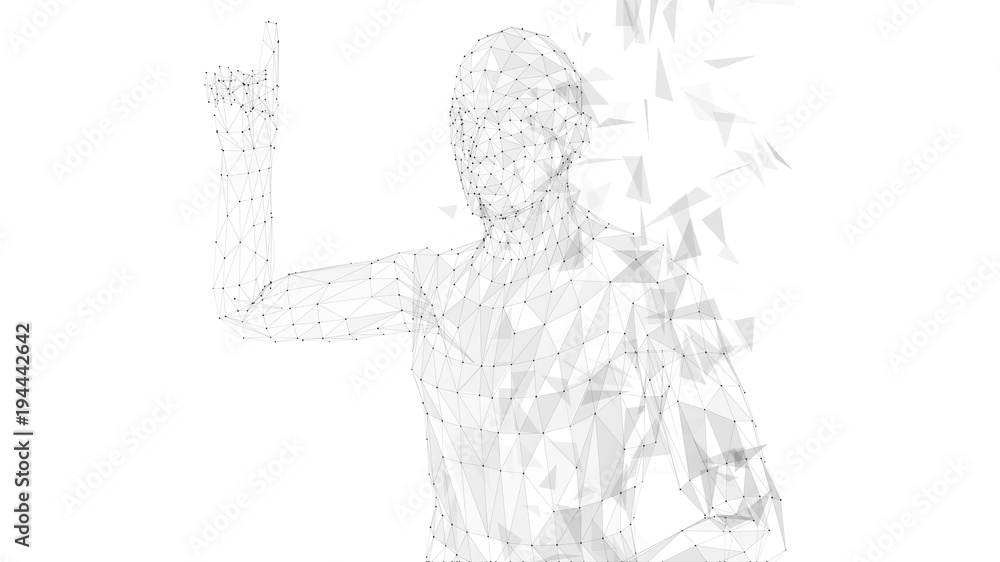 Poster conceptual abstract man pointing finger up. connected lines, dots, triangles, particles on white. ar