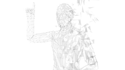 Fototapeta na wymiar Conceptual abstract man pointing finger up. Connected lines, dots, triangles, particles on white. Artificial intelligence concept. High technology vector digital background. 3D render vector