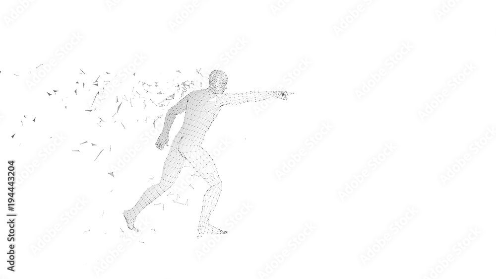 Poster conceptual abstract man touching or pointing to something. connected lines, dots, triangles, particl