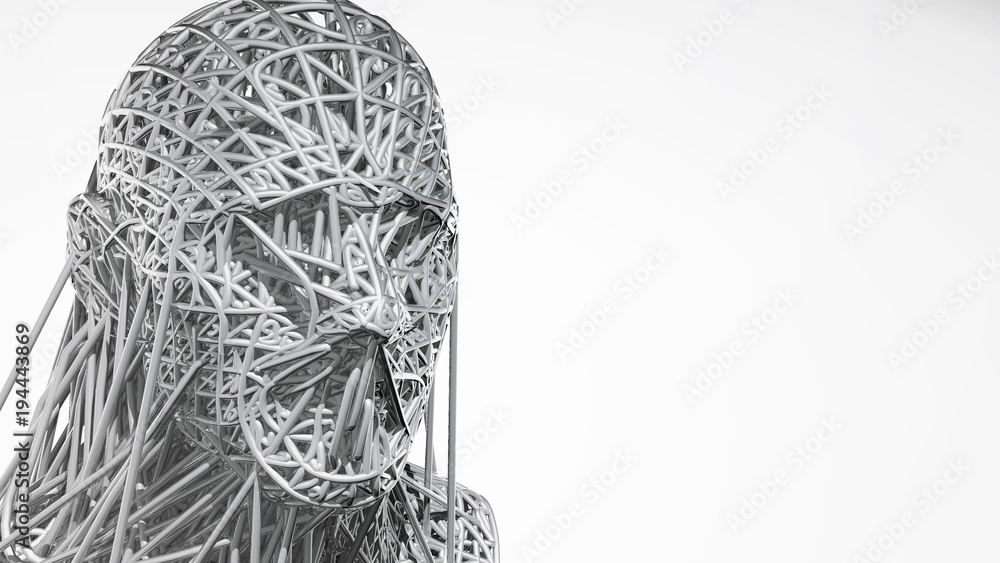 Poster 3d rendering of cyborg face on white background represent artificial intelligence. future science, m
