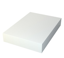 White cube blank box from top front far side angle. 3D illustration on studio background. Isolated on white background