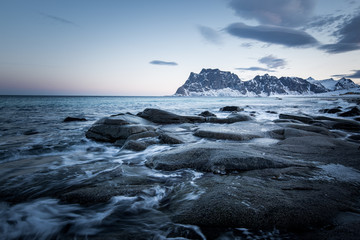 Skagsanden beach in winter, Lofoten islands, Norway