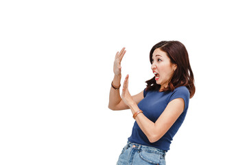 Emotion of disgusted woman isolated on white