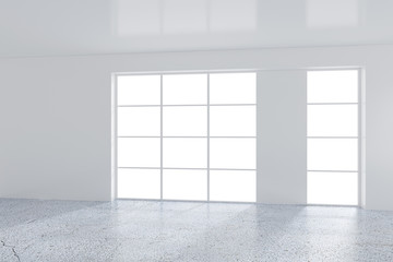 Empty white room with large stained-glass windows. 3D rendering.