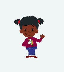 Black girl waving with a dreamy expression.