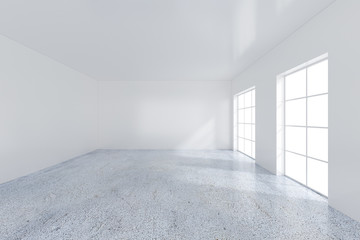 Fototapeta premium Large window in white room with a bright light. 3D rendering.