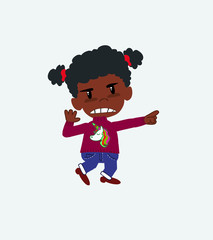 Black girl points angrily to his left.