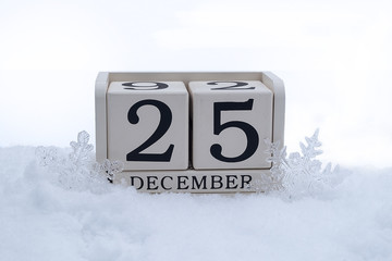 Christmas day, 25th december, date on calendar with snow and ice
