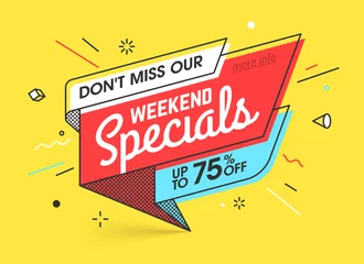 Fotobehang Retro compositie Weekend specials, sale banner template in flat trendy memphis geometric style, retro 80s - 90s paper style poster, placard, web banner designs