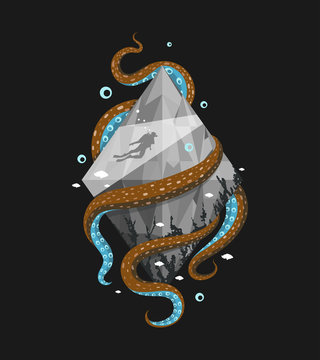 recommend clip art: Diver silhouette in the crystal with octopus on black background. Vector illustration.
