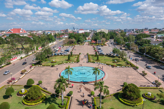Patuxay park in Vientiane, view from the top of Patuxai Gate, Laos
