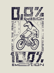 0% emissions 100% emotions - unicorn head guy riding a bicycle - ecology typography 