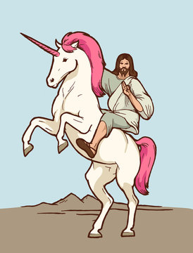 jesus riding unicorn - christian god on a magic horse