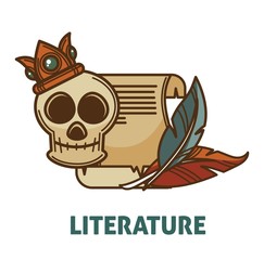 Vintage ancient literature and poetry book with skull vector isolated icon for poetry literature or bookstore library design