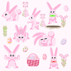 set of Easter bunnies with Easter eggs