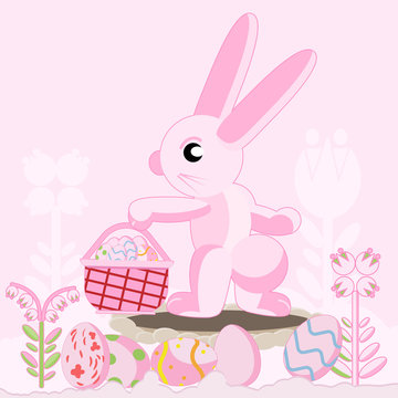 pink rabbit near the hole holding in the paw with Easter eggs
