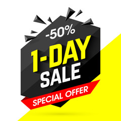 One Day big Sale bright banner design, special offer, 50% off