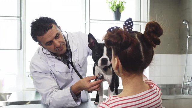 Mature handsome male professional vet using stethoscope examining adorable puppy of a little girl working at the clinic medicine healthy canine animals pets love appointment profession.