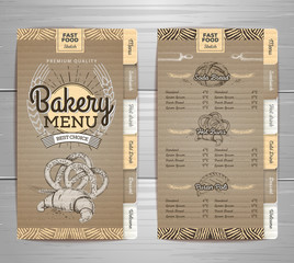 Vintage bakery menu design on cardboard background. Restaurant menu. Document template