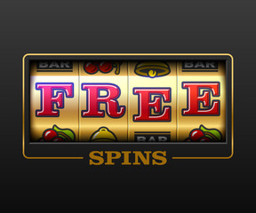 Free Spins bouns, slot machine games banner, gambling casino games, slot machine illustration with text Free Spins