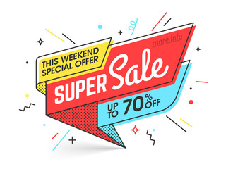 Super sale, weekend special offer banner template in flat trendy memphis geometric style, retro 80s - 90s paper style poster, placard, web banner designs