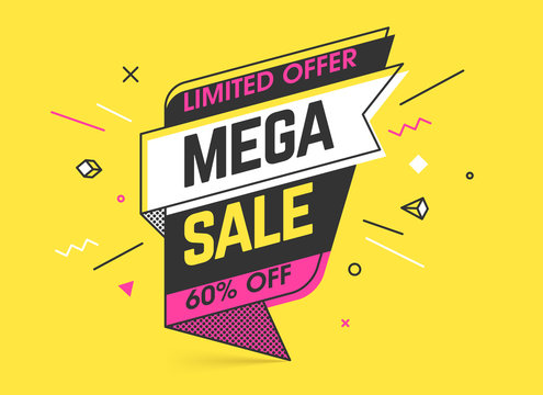 Mega sale, limited special offer banner template in flat trendy memphis geometric style, retro 80s - 90s paper style poster, placard, web banner designs