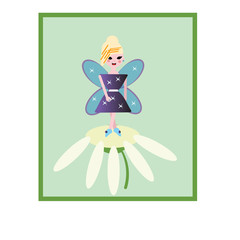 Smiling fairy with magic wings. Cartoon girl character sitting on swing. Pixie in little orange dress. Magical creature from fairy tale. Colorful flat vector design