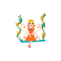Smiling fairy with magic wings. Cartoon girl character sitting on swing. Pixie in little orange dress. Magical creature from fairy tale. Colorful flat vector design