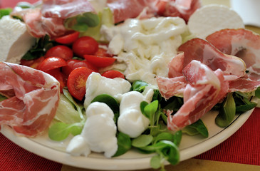 Mediterranean food mozzarella with tomatoes, salad and ham