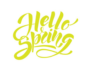 Obraz premium Hello Spring. Hand drawn calligraphy and brush pen lettering. design for holiday greeting card and invitation of seasonal spring holiday.