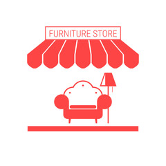 Furniture Store, Home Furnishings Shop Single Flat Vector Icon. Striped Awning and Signboard