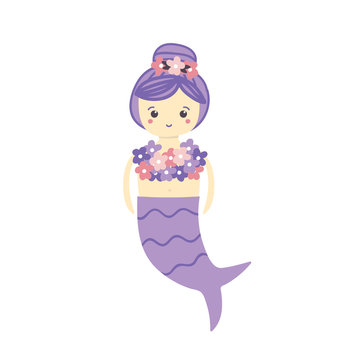 Cute cartoon little mermaid or girl in mermaid costume with beautiful floral top. Vector illustration.