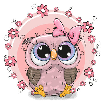 Greeting card Cute Owl with flowers