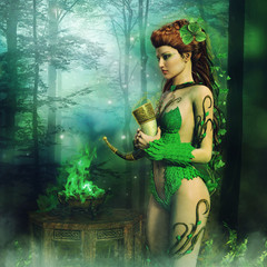 Kapłanka elfów stojąca z rogiem myśliwskim nad zielonym ogniem w lesie - obrazy, fototapety, plakaty