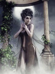 Wampirzyca stojąca w altanie na tle księżyca © Obsidian Fantasy