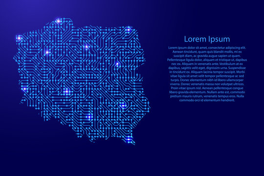 Fototapeta Map Poland from printed board, chip and radio component with blue star space on the contour for banner, poster, greeting card, of vector illustration.