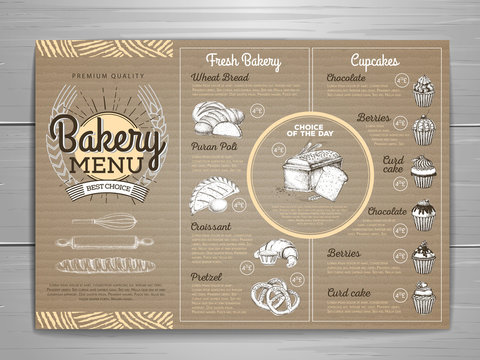 Vintage bakery menu design on cardboard background. Restaurant menu