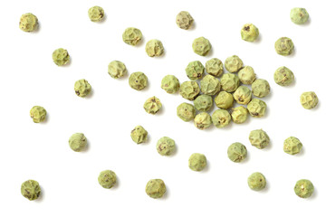 closeup of dried green peppercorns isolated on white