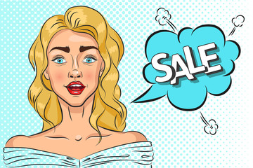 Pop art surprised woman face with open mouth and speech bubble with text 