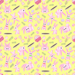 pattern of pink rabbits flowers and Easter eggs yellow background
