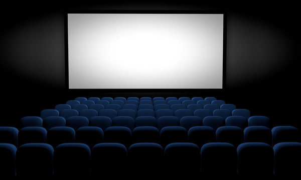 movie theater with blue seats and blank screen