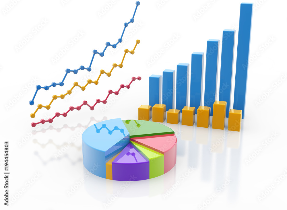 Poster pie chart, bar graph and line graph isolated on white