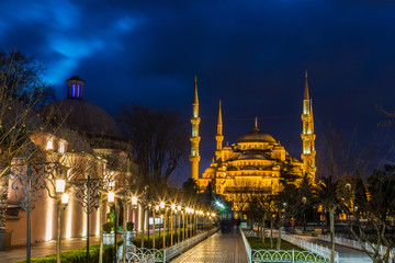 Fototapeta premium Sultan Ahmed Mosque (Blue Mosque) in Istanbul on night in evening illumination