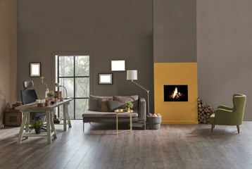 Trendy room with workplace for a freelancer with brown wall, desk, black job chair, white lamps and fireplace. decorative home office style.