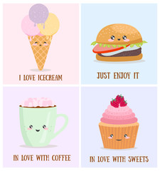 Vector cartoon cards with funny food