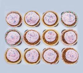 Pastel cupcake on blue background.